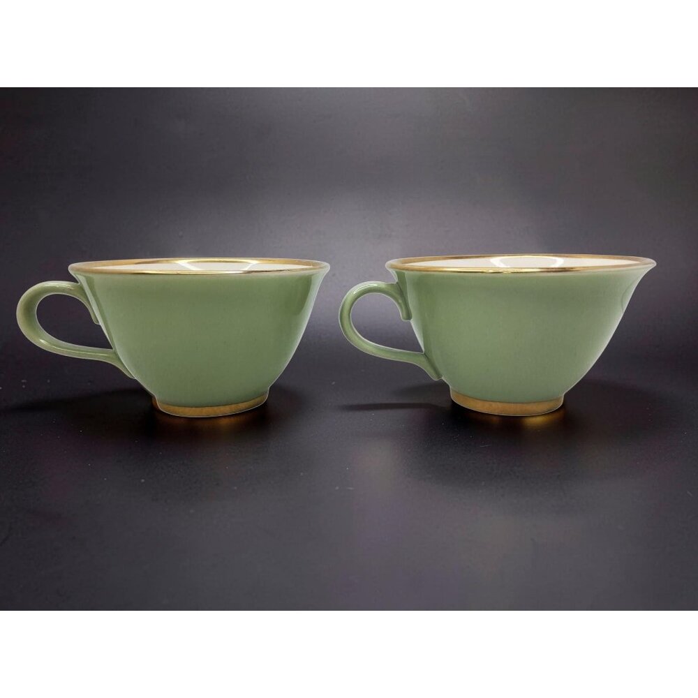 Vintage Taylor Smith Green & Cream Gold-Rimmed Ceramic Teacups Set Of 2
